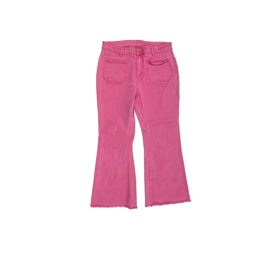 Unbranded Flare Jeans Womens 16 Pink Raw Hem High Rise Patch Pocket Denim